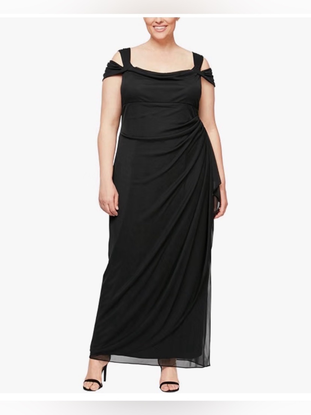 Alex Evenings Black Cold-Shoulder Draped Maxi Dress